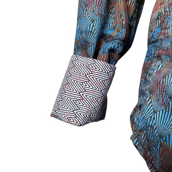 Robert Graham Shirt Men’s Small Geometric Fans Colorful Flip Cuff Button Up Blue - Picture 5 of 11
